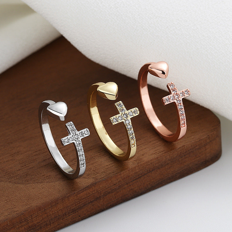 Cross Heart Ring With Rhinestones